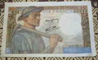 1944 French Banknote 10 Francs Vf/ef photo