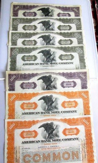 7 Old Stocks American Bank Note Company 1926,  1928,  1930,  1940,  1942.  (2) 1945 photo