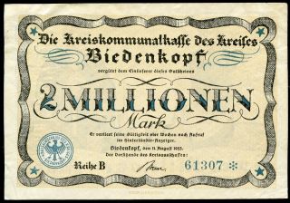 Biedenkopf Kreisausschuß 2 Millionen Mark 11/8/1923 Ef Green Serial Keller 414.  A photo