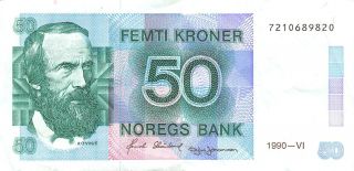 Norway 50 Kroner 1990 P 42e Circulated Banknote,  A 7 photo