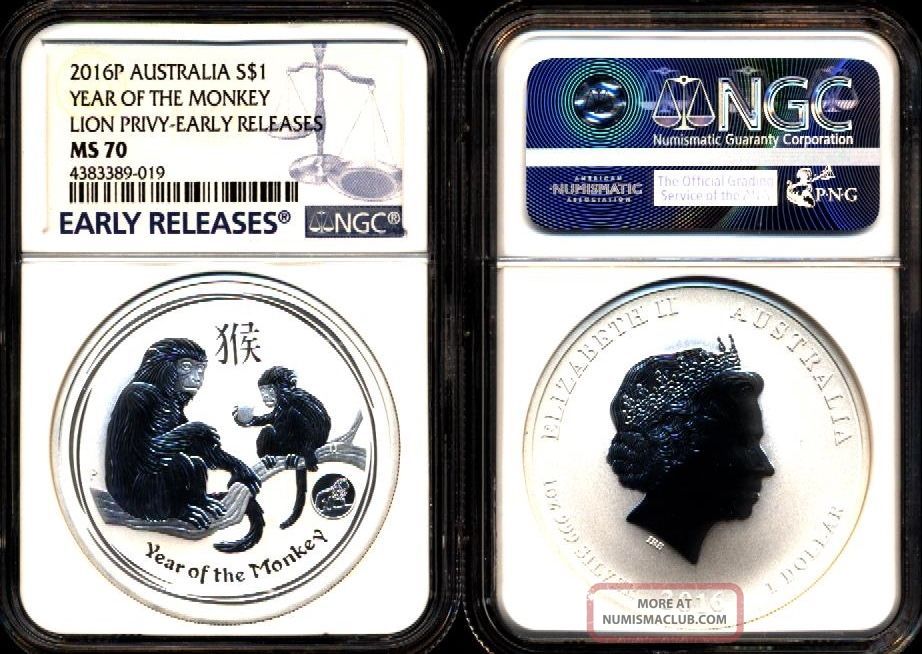 2016 $1 1 Oz Ngc Ms70 Er Silver Australia Year Of The Lunar Monkey W/ Lion Privy Coins: Canada photo