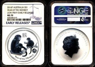 2016 $1 1 Oz Ngc Ms70 Er Silver Australia Year Of The Lunar Monkey W/ Lion Privy photo