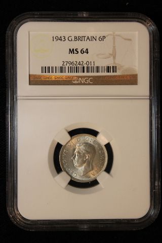 1943 Great Britain.  6 Pence.  Ngc Graded Ms - 64. photo