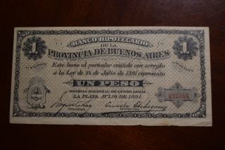 Argentina S - 615 Banco Hipoticario Dela Prov De Buenos Aires 1 Peso 1891 photo
