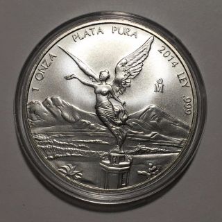 2014 Mexico 1 Troy Oz.  999 Fine Silver Libertad Onza Coin In Capsule photo