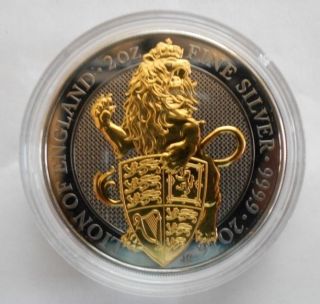 The Queen ' S Beasts Lion 2016 2 Oz Silver Coin Capsule - Black Ruthenium 24k Gold photo