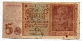 Xxx - Rare 5 Reichsmark Nazi Banknote 1942 Eagle & Swastika Fine Con photo