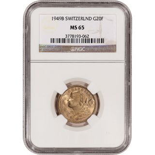 1949 B Switzerland Gold 20 Francs - Ngc Ms65 photo