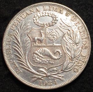 Condiiton Peru 1934 Un Sol Silver Crown: A Coin photo