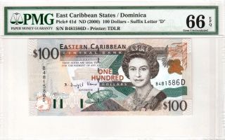 Eastern East Caribbean 100 Dollars (2000) P41d Dominica Pmg 66 Epq Letter D photo