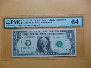 1977 A One Dollar Federal Reserve $1 Note Pmg Cu 64 Richmond Fr 1910 - E photo