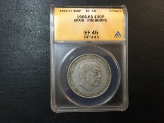 1966 Spain 100 Silver Pesetas Coin Anacs Certified photo