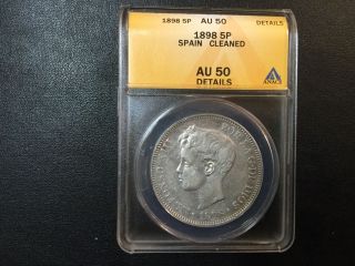 1898 Spain 5 Silver Pesetas Coin Anacs Certified photo