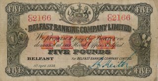 Belfast Banking Co.  Ltd.  Belfast 5 Pounds 1938 Good Vf photo