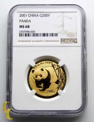 2001 Gold Chinese Panda 1/2 Oz G200y 200 Yuan Ngc Graded As Ms68 photo