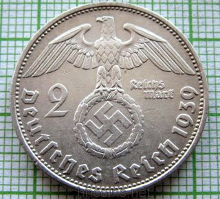 Germany Third Reich 1939 D 2 Reichsmark Hindenburg Swastika Silver photo