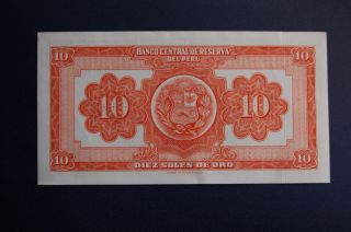 Peru 10 Soles De Oro 1953 Banknote Crisp Exc. photo