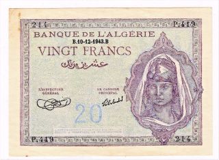 Banque De L ' Algerie 20 Francs Wwii Banknote Dated: B.  10 - 12 - 1943.  B - photo