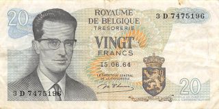Belgium 20 Francs 15.  06.  1964 Series 3 D Circulated Banknote Em30ep photo