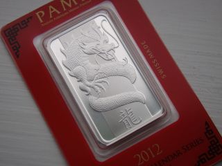 Solid Silver Bar 1 Troy Oz 2012 Year Of Dragon Pamp Suisse Assay Card Bu photo