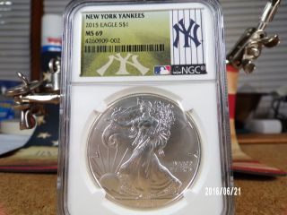 2015 Silver American Eagle Dollar $1 York Yankees Mlb Label Ngc Ms69 photo