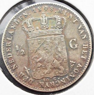 . 945 Silver 1848 Netherlands 1/2 Gulden Km 73.  1 William Ii Grade Pb 18 photo