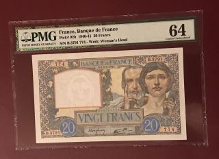France French 20 Franc Pmg Unc 64 Pick 92b 1941 Rare Date photo