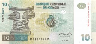 Congo 10 Francs 01.  11.  1997 Series H - K Uncirculated Banknote Me27f photo