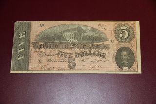 1864 T - 69 $5 The Confederate States Of America Note - Civil War Era Rmc 155 photo