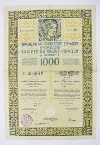 Poland - Société Du Crédit Foncier A Varsovie – Ob.  1000f 1929 photo