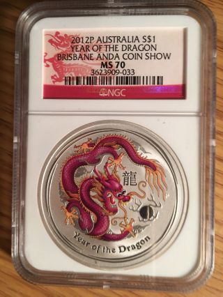 2012 1 Oz Silver Purple Dragon (brisbane Anda Coin) Ngc Ms - 70 photo