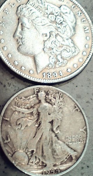 1944 - S Walking Liberty Half Dollar,  Frosty.  And 1894 - P Morgan.  Very Rare=costly. photo