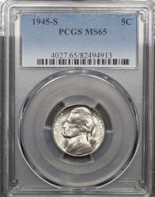 1945 S Jefferson Nickel 5c,  Pcgs Ms65,  Lustrous Gem photo