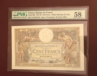 France French 100 Franc Pmg Aunc 58 Pick 86b 1938 Rare Date photo