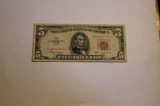 Vintage $5 1963 Lincoln Red Seal United States Note - Ser.  A19162357 A photo