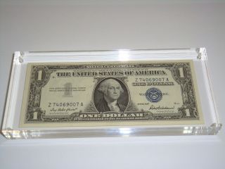 1957 Uncirculated $1 Usa One Dollar Silver Certificate Blue Seal 3/4 Inch Lucite photo