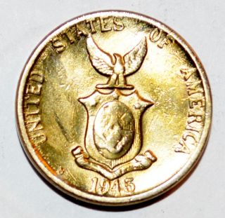 1945 Philippines Five 5 Centavos Coin World Filipinas Brilliant Uncirculated photo