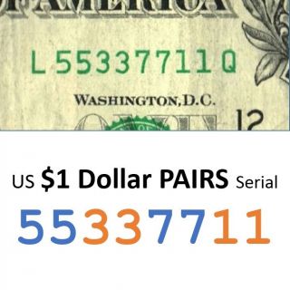 Us Dollar Doubles 55337711 Fancy Currency Serial 2009 Cu $1 One Bill photo
