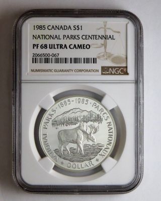 1985 Canada S$1 Silver Dollar National Parks Centennial Ngc Pf 68 Ultra Cameo photo