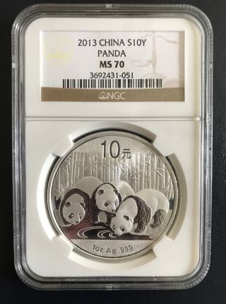 2013 China Panda - S10y 1 Oz.  999 Fine Silver Ngc Ms70 Brilliant Uncirculated photo