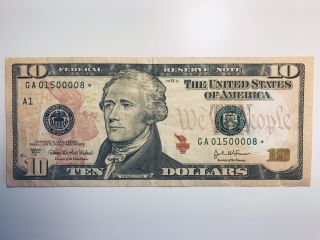 Star 2004 - A $10 Dollar Bill Low Serial Ga 01500008 Federal Reserve Note photo