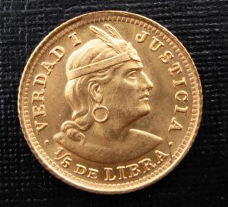 Peru 1914 Gold 1/5 Libra (pound) Unc photo