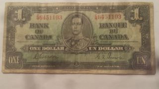 1937 Bank Of Canada $1 Dollar Bill (gordon/towers) Prefix C/m 6451103 photo