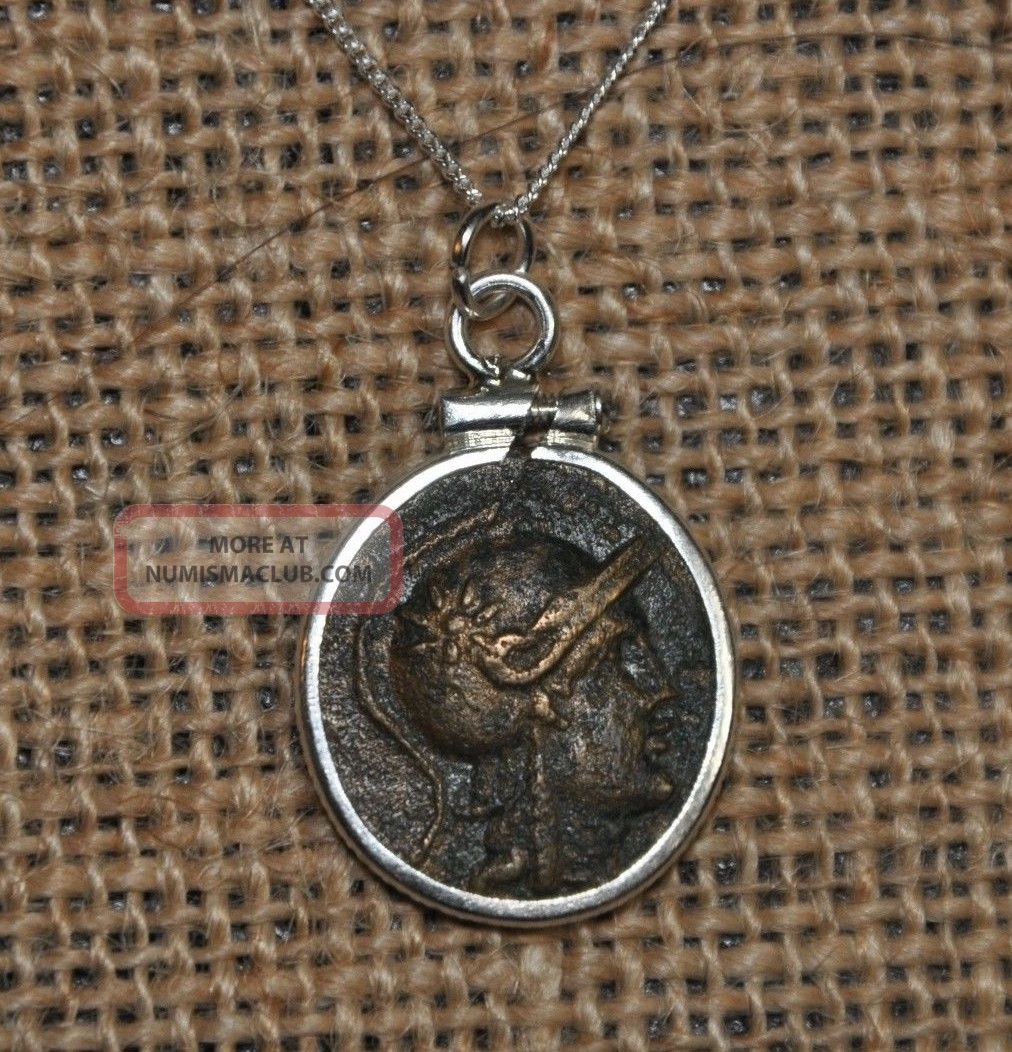 Helmeted Goddess Athena & Owl Authentic Coin 925 Sterling Silver Pendant & Chain Coins: Ancient photo