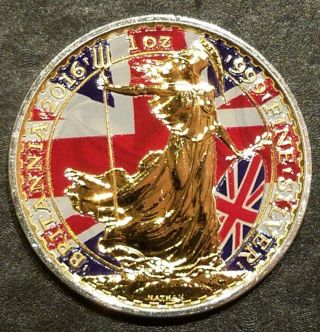 2016 Uk Patriotic Flag Britannia 1oz Silver Coin - 24kt Gold photo