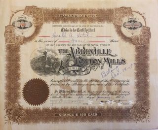 1929 Abbeville Cotton Mills Stock Certificate Rare South Carolina Slave Vignette photo