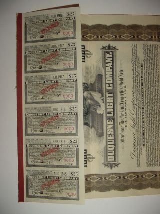 1915 Duquesne Light Company Specimen Bond Certificate Stock Pennsylvania photo
