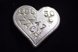 50 Gram I Love You Hand Poured Silver Heart.  999 Fine Silver 50 G Silver Art photo
