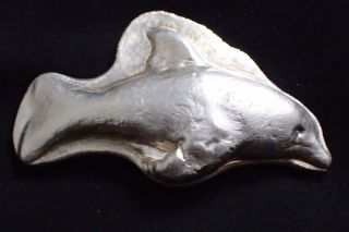 80 Gram Hand Poured Silver Fish Dolphin.  999 Fine Silver 80 G.  999 Silver Art photo