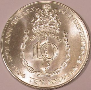 1974 Malawi Bu Sterling Silver 10 Kwacha - 10th Anniv.  Of Independence - Km 13 photo
